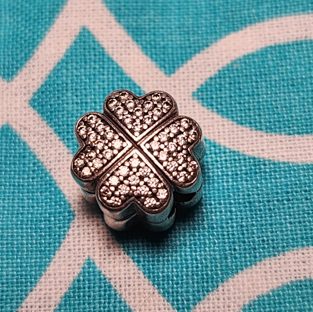 Pandora Retired Sterling Silver Petals of Love Heart Flower Clip with Clear Zirc